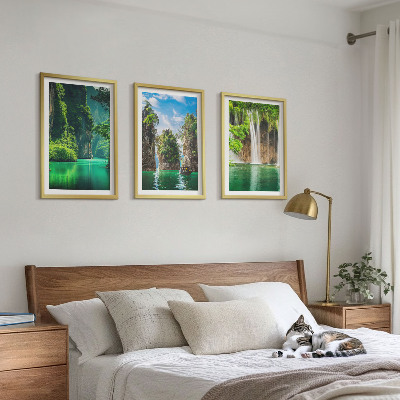 3 paveikslų rinkinys su rėmais Žali peizažai kriokliai