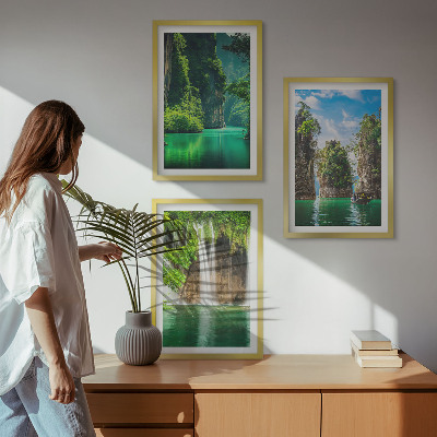 3 paveikslų rinkinys su rėmais Žali peizažai kriokliai