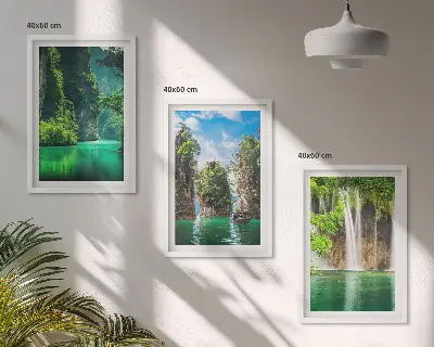 Žali peizažai su kriokliais 3 paveikslų rinkinys su rėmais