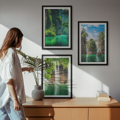 3 paveikslų rinkinys su rėmais Žali peizažai kriokliai