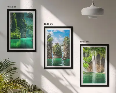 Žali peizažai su kriokliais 3 paveikslų rinkinys su rėmais