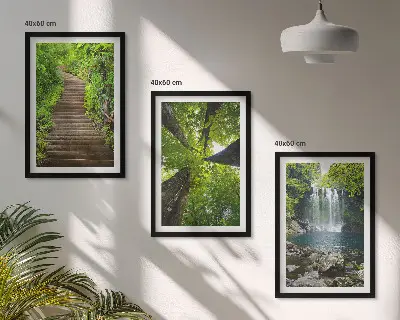 Įrėmintas triptikas miško takas, krioklys ir augmenija