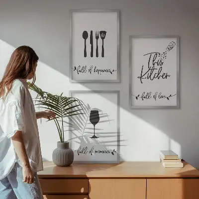 Virtuvės reikmenų raštai 3 paveikslų rinkinys su rėmais