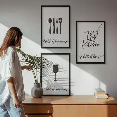 Virtuvės reikmenų raštai 3 paveikslų rinkinys su rėmais