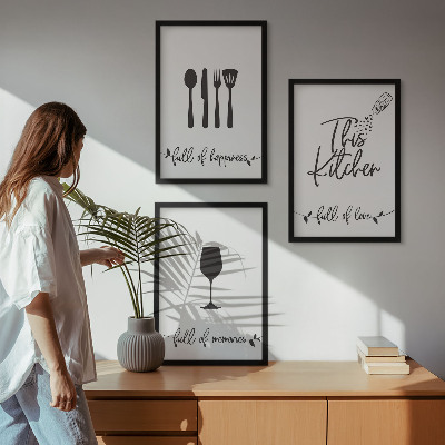 3 paveikslų rinkinys su rėmais Virtuvės reikmenų raštai