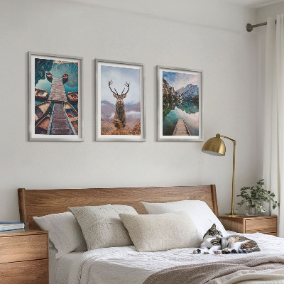 3 paveikslų rinkinys su rėmais Ežero valtys elnių kalnuose