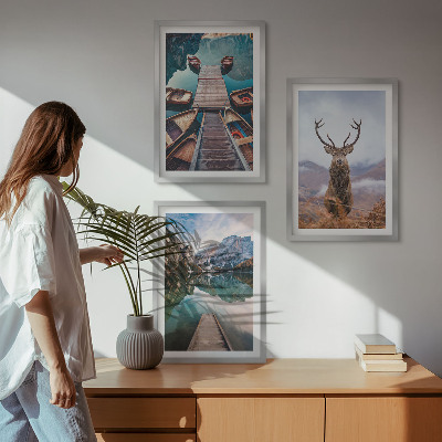 3 paveikslų rinkinys su rėmais Ežero valtys elnių kalnuose