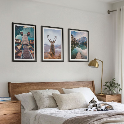 3 paveikslų rinkinys su rėmais Ežero valtys elnių kalnuose