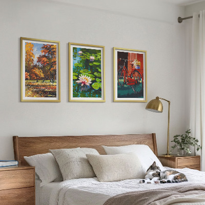3 paveikslų rinkinys su rėmais Rudens spalvų lelijų terasa