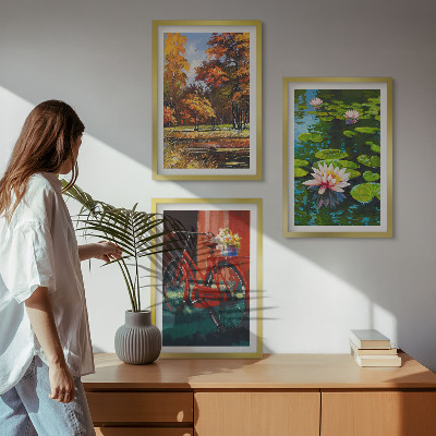 3 paveikslų rinkinys su rėmais Rudens spalvų lelijų terasa