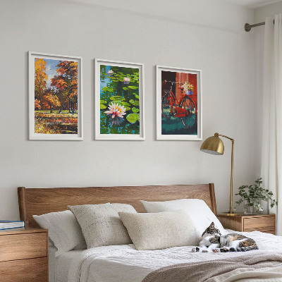 3 paveikslų rinkinys su rėmais Rudens spalvų lelijų terasa