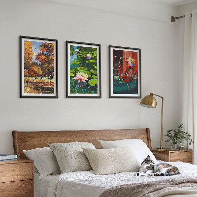 3 paveikslų rinkinys su rėmais Rudens spalvų lelijų terasa