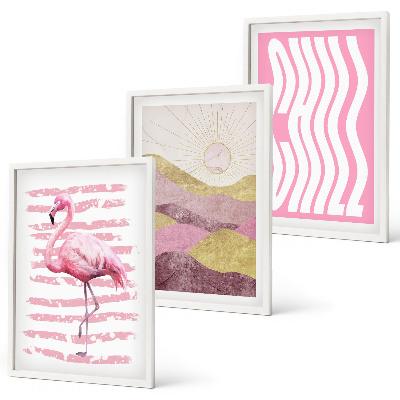 Įrėmintas triptikas Rožinio flamingo pastelinis peizažas