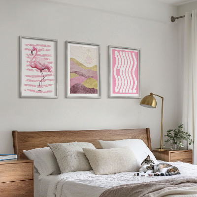 Įrėmintas triptikas Rožinio flamingo pastelinis peizažas