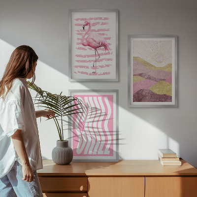 Įrėmintas triptikas Rožinio flamingo pastelinis peizažas