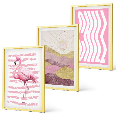 Įrėmintas triptikas Rožinio flamingo pastelinis peizažas