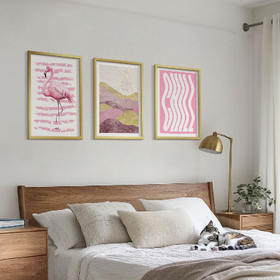 Įrėmintas triptikas Rožinio flamingo pastelinis peizažas