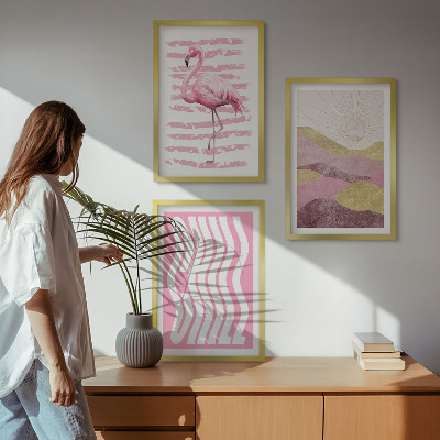 Įrėmintas triptikas Rožinio flamingo pastelinis peizažas