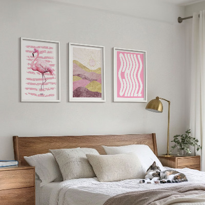 Įrėmintas triptikas Rožinio flamingo pastelinis peizažas