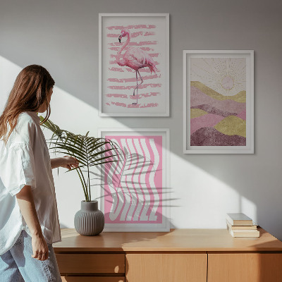 Įrėmintas triptikas Rožinio flamingo pastelinis peizažas