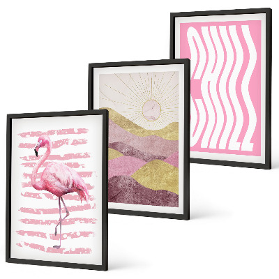 Įrėmintas triptikas Rožinio flamingo pastelinis peizažas