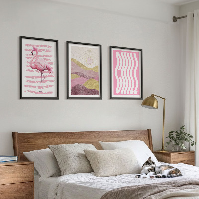 Įrėmintas triptikas Rožinio flamingo pastelinis peizažas