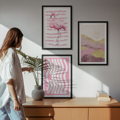 Įrėmintas triptikas Rožinio flamingo pastelinis peizažas