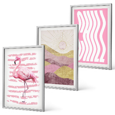 Įrėmintas triptikas Rožinio flamingo pastelinis peizažas