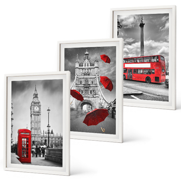 3 paveikslų rinkinys su rėmais Raudonas skėčių kabina ir Londono autobusas