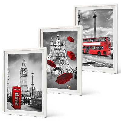 3 paveikslų rinkinys su rėmais Raudonas skėčių kabina ir Londono autobusas