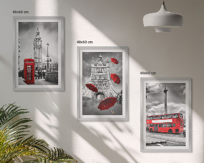 3 paveikslų rinkinys su rėmais Raudonas skėčių kabina ir Londono autobusas