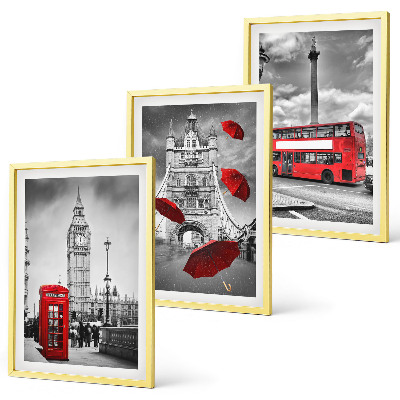 3 paveikslų rinkinys su rėmais Raudonas skėčių kabina ir Londono autobusas