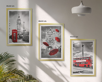 3 paveikslų rinkinys su rėmais Raudonas skėčių kabina ir Londono autobusas