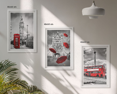 3 paveikslų rinkinys su rėmais Raudonas skėčių kabina ir Londono autobusas