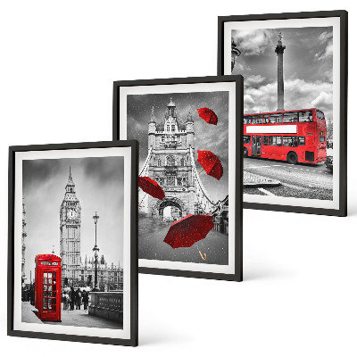 3 paveikslų rinkinys su rėmais Raudonas skėčių kabina ir Londono autobusas