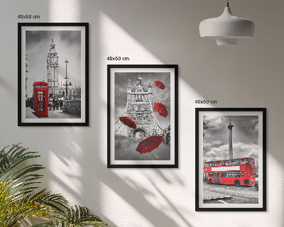 3 paveikslų rinkinys su rėmais Raudonas skėčių kabina ir Londono autobusas