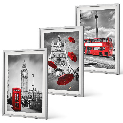 3 paveikslų rinkinys su rėmais Raudonas skėčių kabina ir Londono autobusas