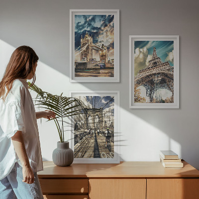 3 paveikslų rinkinys su rėmais Tiltai, bokštai, Europos miestai