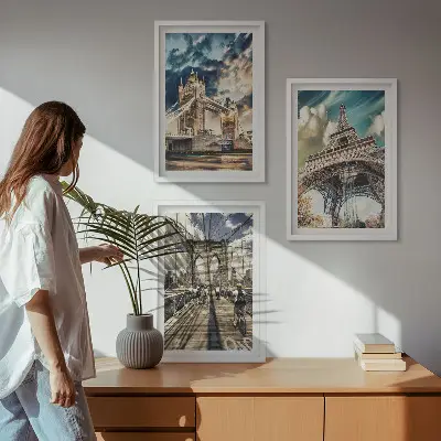 3 paveikslų rinkinys su rėmais tiltai, bokštai ir Europos miestai