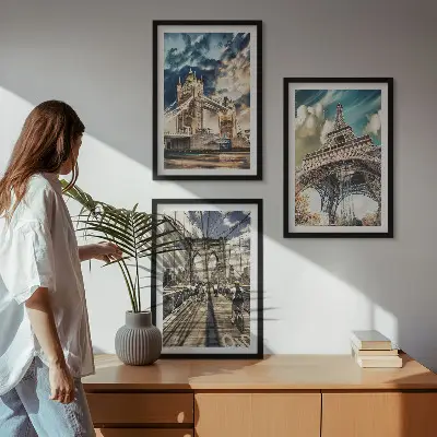 3 paveikslų rinkinys su rėmais tiltai, bokštai ir Europos miestai