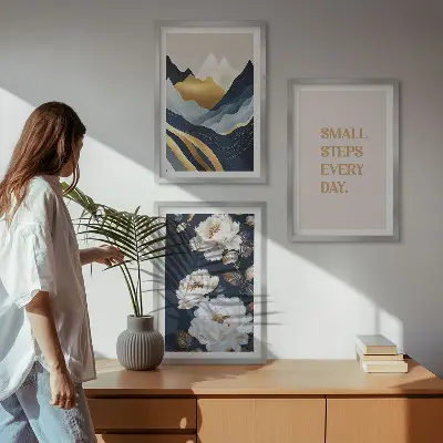 3 paveikslų rinkinys su rėmais abstraktūs kalnai, gėlės ir įkvėpimo motyvai