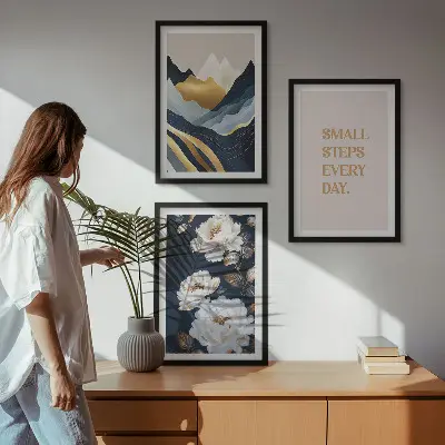 3 paveikslų rinkinys su rėmais abstraktūs kalnai, gėlės ir įkvėpimo motyvai
