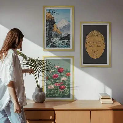 Japonijos gamta japandi kultūra 3 paveikslų rinkinys su rėmais