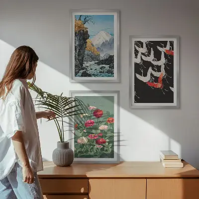 3 paveikslų rinkinys su rėmais kalnai su kriokliu, paukščiais ir gėlėmis