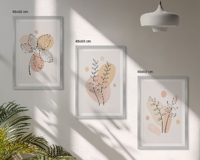 3 paveikslų rinkinys su rėmais Pastelinių augalų piešiniai