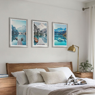 3 paveikslų rinkinys su rėmais Kalnų ežerų valčių atspindys