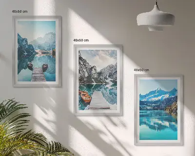 Kalnų ežerų valčių atspindys 3 paveikslų rinkinys su rėmais