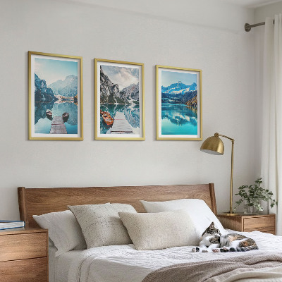 3 paveikslų rinkinys su rėmais Kalnų ežerų valčių atspindys