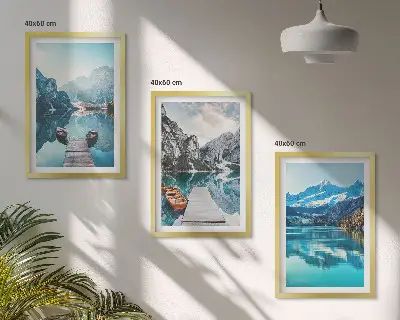 Kalnų ežerų valčių atspindys 3 paveikslų rinkinys su rėmais