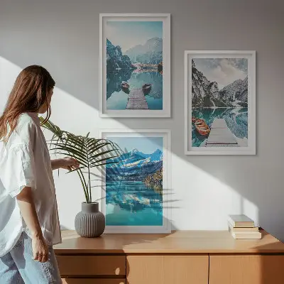 Kalnų ežerų valčių atspindys 3 paveikslų rinkinys su rėmais